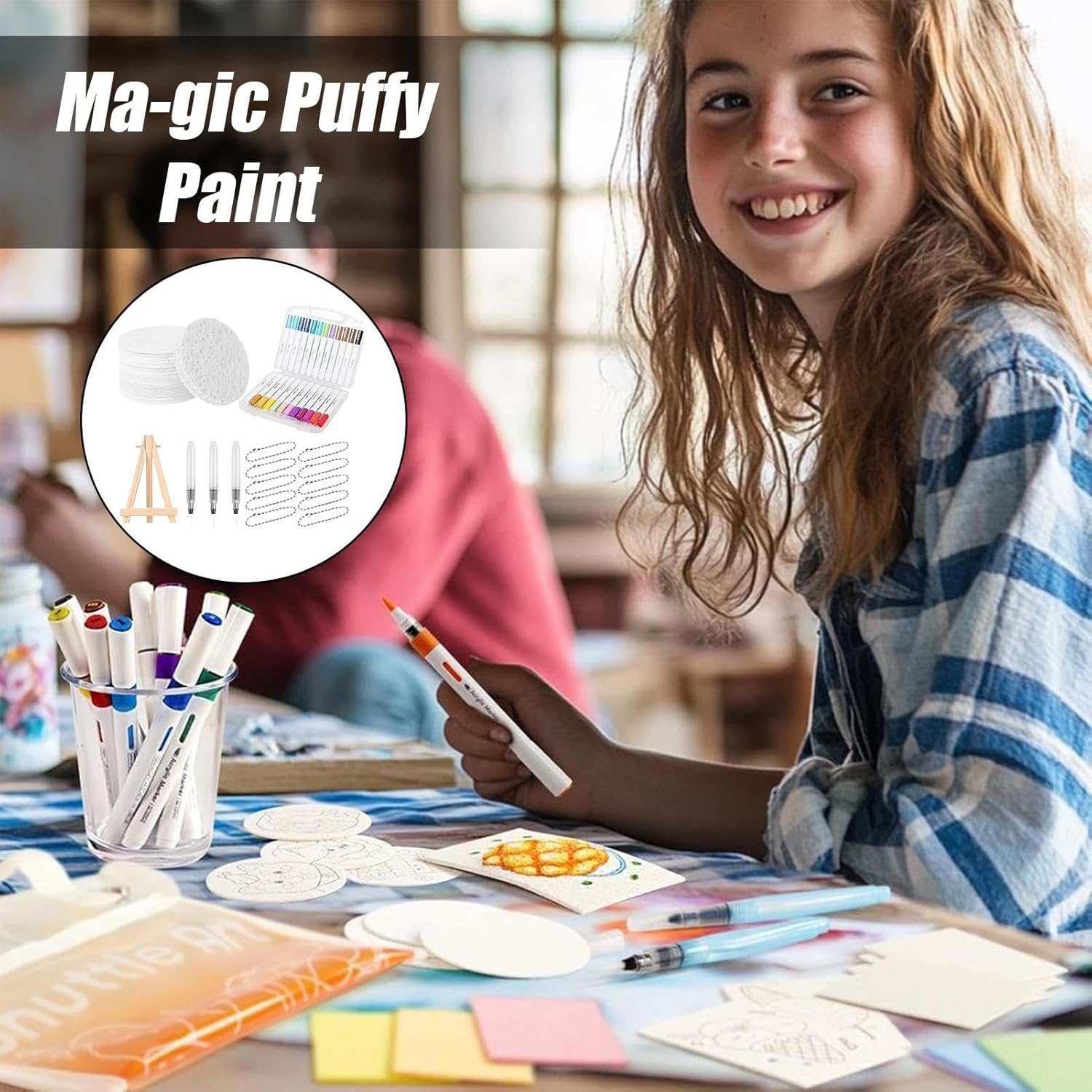 Puffy Art Kit,Magic Puffy Paint Kit- 3D Painting Round Kit with Foam Paper,Markers,Beaded Chains,DIY Bubble Painting Pen Art Supplies for Canvas,Home Decor,Kids Projects,Family Fun