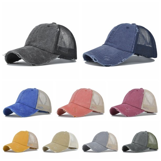 Gorra de béisbol de moda antigua Malla transpirable para mujer Cola de caballo Criss Cross Back Ponycap Vintage (azul marino)