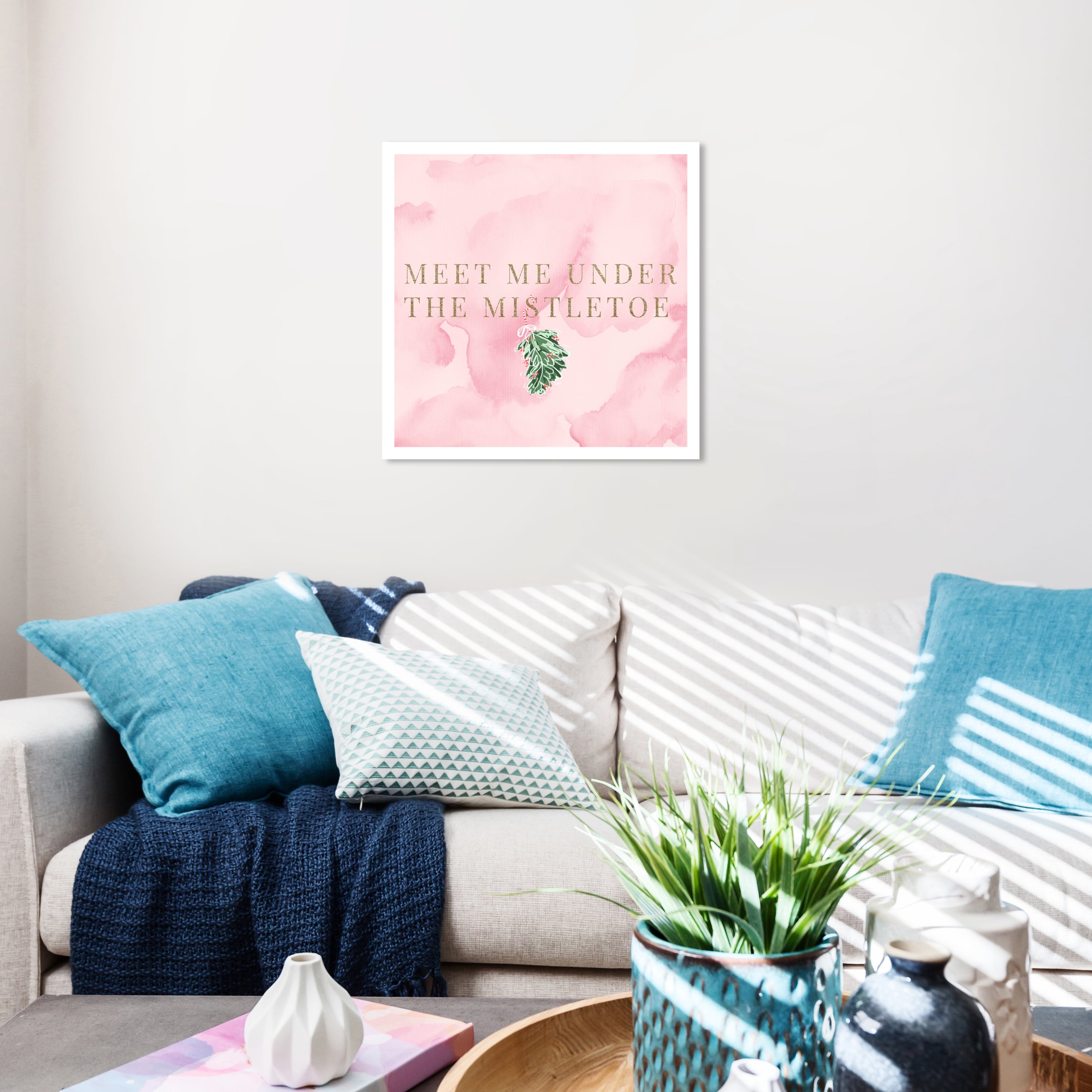 Wynwood Studio Canvas Meet Me Under The Mistletoe Typography and Quotes Love Quotes and Sayings Wall Art Canvas Print Pink Pastel Pink 20x20