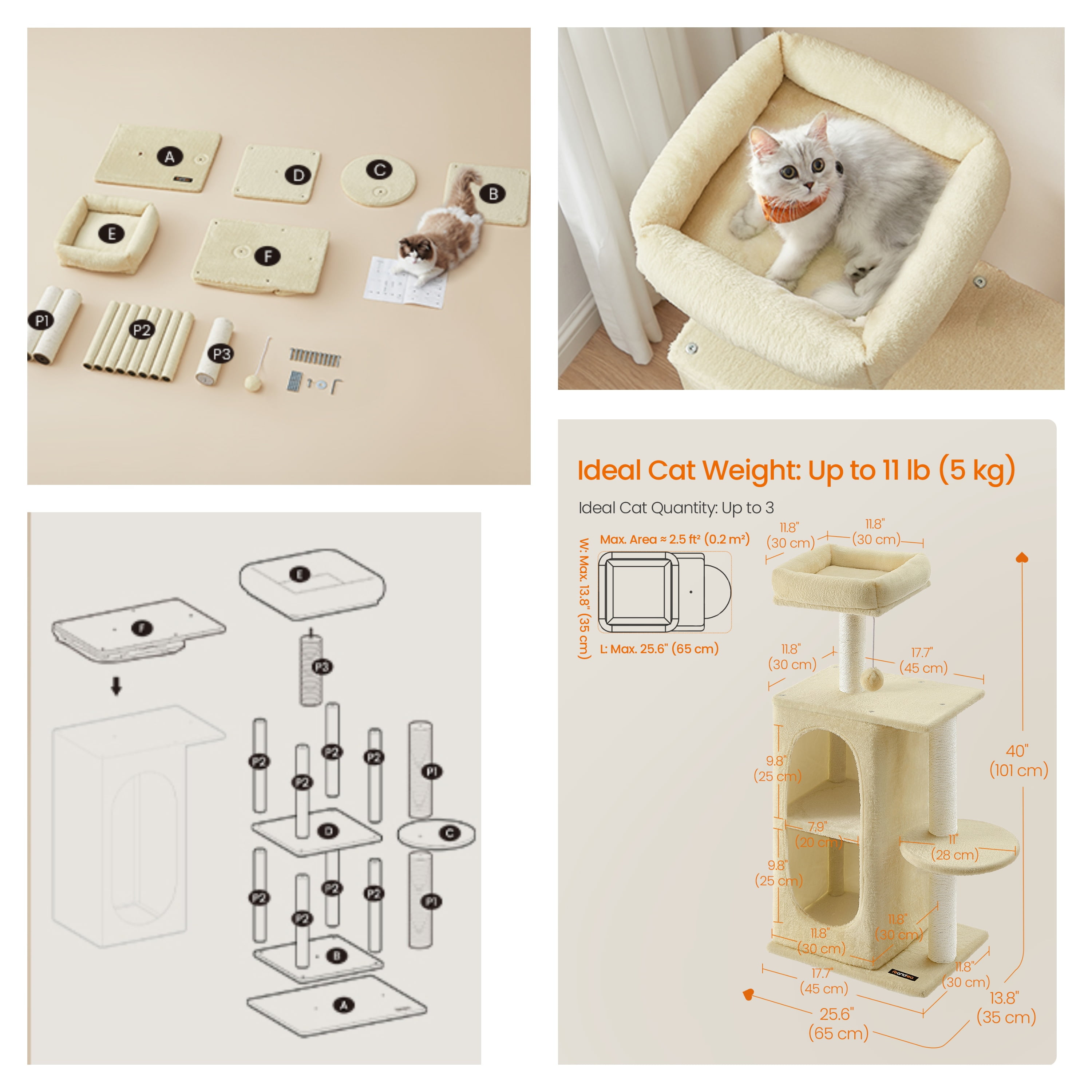 LEDREM 2-Level Cat Tree with Plush Caves & Scratching Posts, Compact Cat Tower for Indoor Cats and Kittens, Anti-Tip Design, Sand Beige