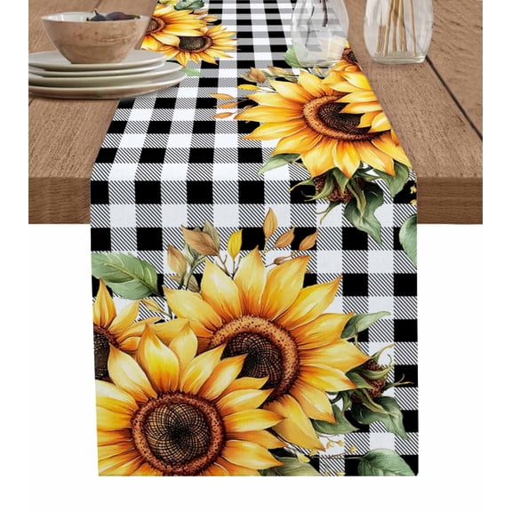 Ldtrchee Plaid Sunflower Table Runner 60 Inches, Spring Floral Botanical Aesthetics Bed Runner Dresser Scarves Tabletop for Indoor Outdoor Parties/Ceremony/Banquet, 13" x 60"