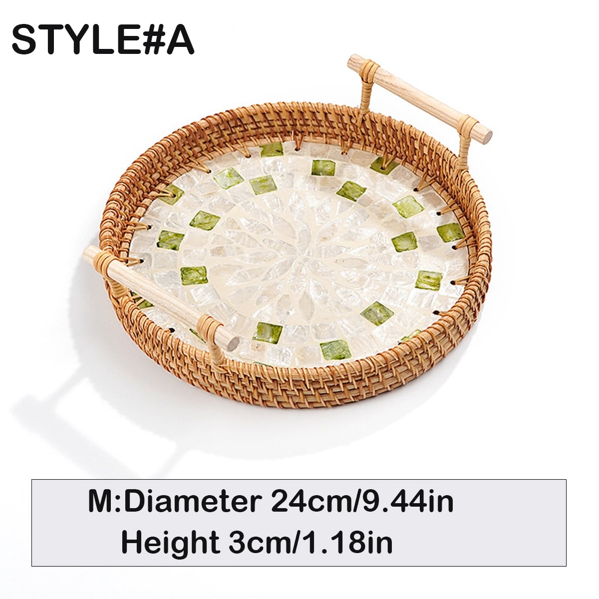 Round Rattan Wicker Woven Tray Basket with Shell Wooden Base and Handle for Fruit Bread Serving, Coffee Table Tray, Vanity Ottoman Tray Organizer for Kitchen, Storage Display