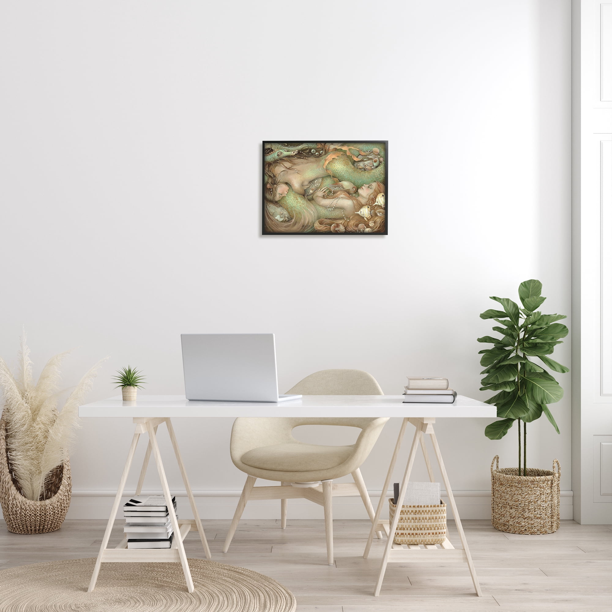 Stupell Industries Two Mermaids Underwater Fairy Tales & Fantasy Painting Black Framed Art Print Wall Art, 20 x 16