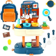 Play Kitchen Set for Kids Girls and Boys, Small Cooking Toys Playset 31 Pcs with Pretend Play Food, Sink, Faucet, and Cutlery for Little Children with an Easy Assembly Backpack/Counter