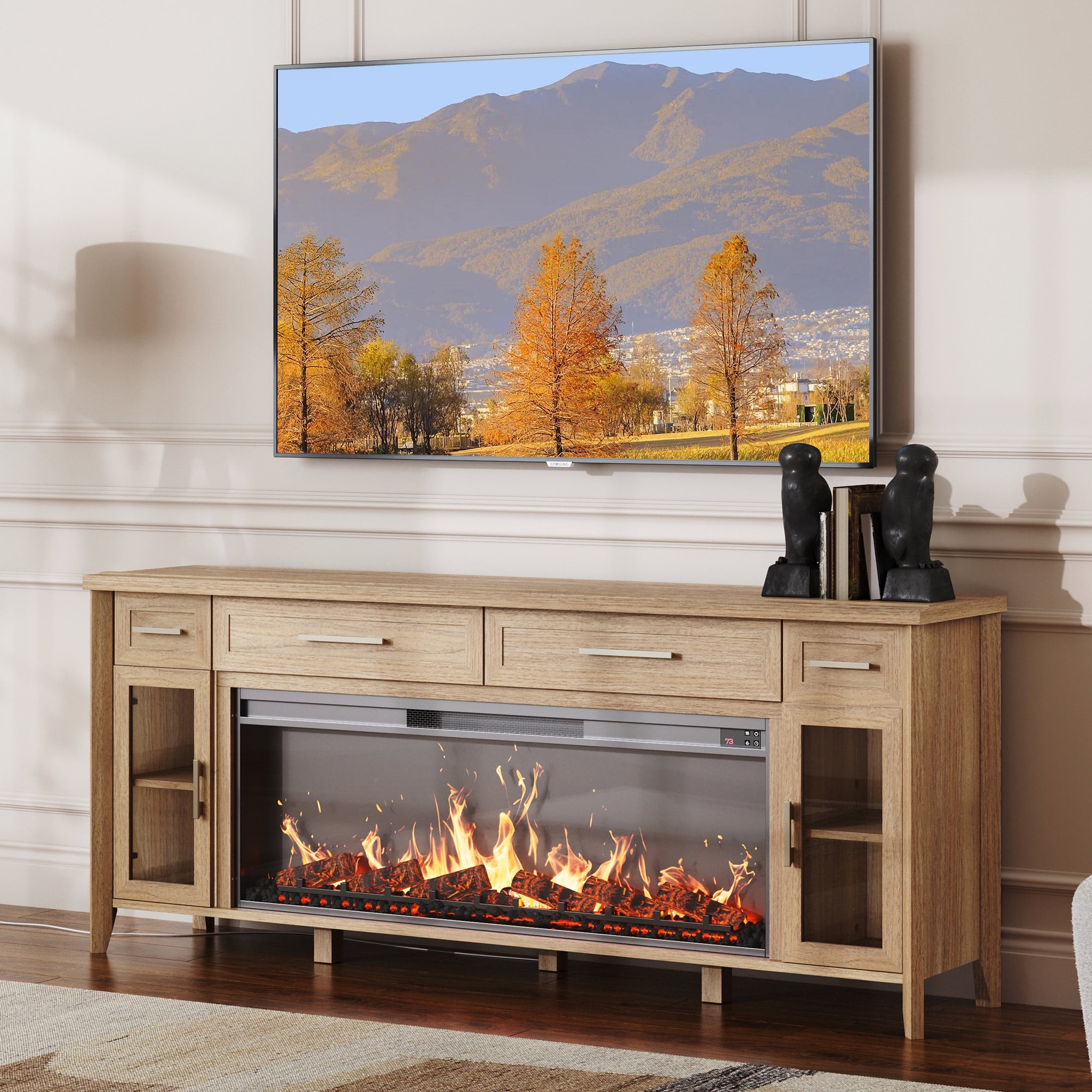 BELLEZE 74 Inch Rustic TV Stand with 48" Electric Fireplace, Extra Large Entertainment Center With Storage Cabinets & 4 Drawers, Media Console Table For Living Room Bedroom (Camel)