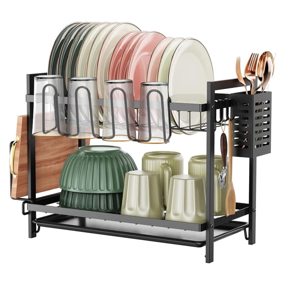 Escurridor de Trastes, Escurridor de Platos Acero Inoxidable, Escurridores para Trasteros 2 Niveles, Escurreplatos con Bandeja de Drenaje, Soporte para Utensilios y Tabla de Cortar para Cocina (Negro)