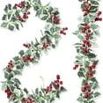thumbnail image 2 of 2Pcs Christmas Artificial Garland, Xmas Berry Holly Leaves Garland Christmas Faux Greenery Garland Winter Snowy Red Berries Hanging Vine, Total Length 13FT, 2 of 8
