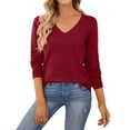 thumbnail image 3 of WTOBBY Women's Casual V-Neck Sweater Base Layer, Knitted Long Sleeve Solid Color Top for Layering and Everyday Outfits, Comfortable and Versatile,Red M, 3 of 6