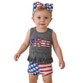 thumbnail image 2 of Toddler Girl Outfits Kids Stars and Stripes Print USA 250th Anniversary Crew Neck Sleeveless Top with Above Knee Shorts and Headband Three Piece Set Grey 18 Months-24 Months, 2 of 7