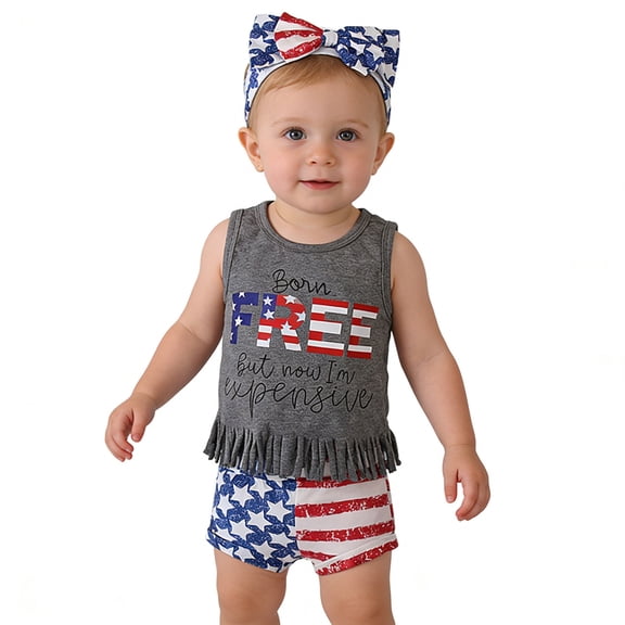 lnmuld Independence Day Toddler Girls Patriotic 250th Anniversary Outfit Set 3 Piece Fringe Tank Top and Shorts for 4th of July Summer Daily Wear Size:3-6 Months