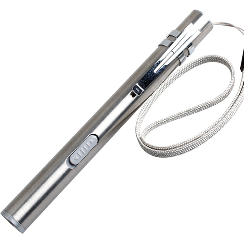 2*Mini Light Flashlight LED Pencil Rechargeable Silver Stainless Steel Outdoor