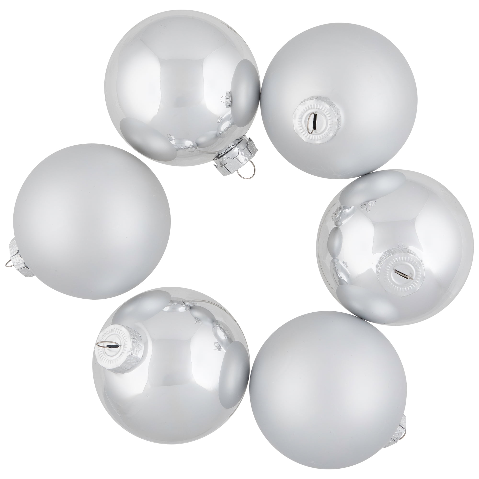 6-Piece Shiny and Matte Silver Glass Ball Christmas Ornament Set 3.25" (80mm)