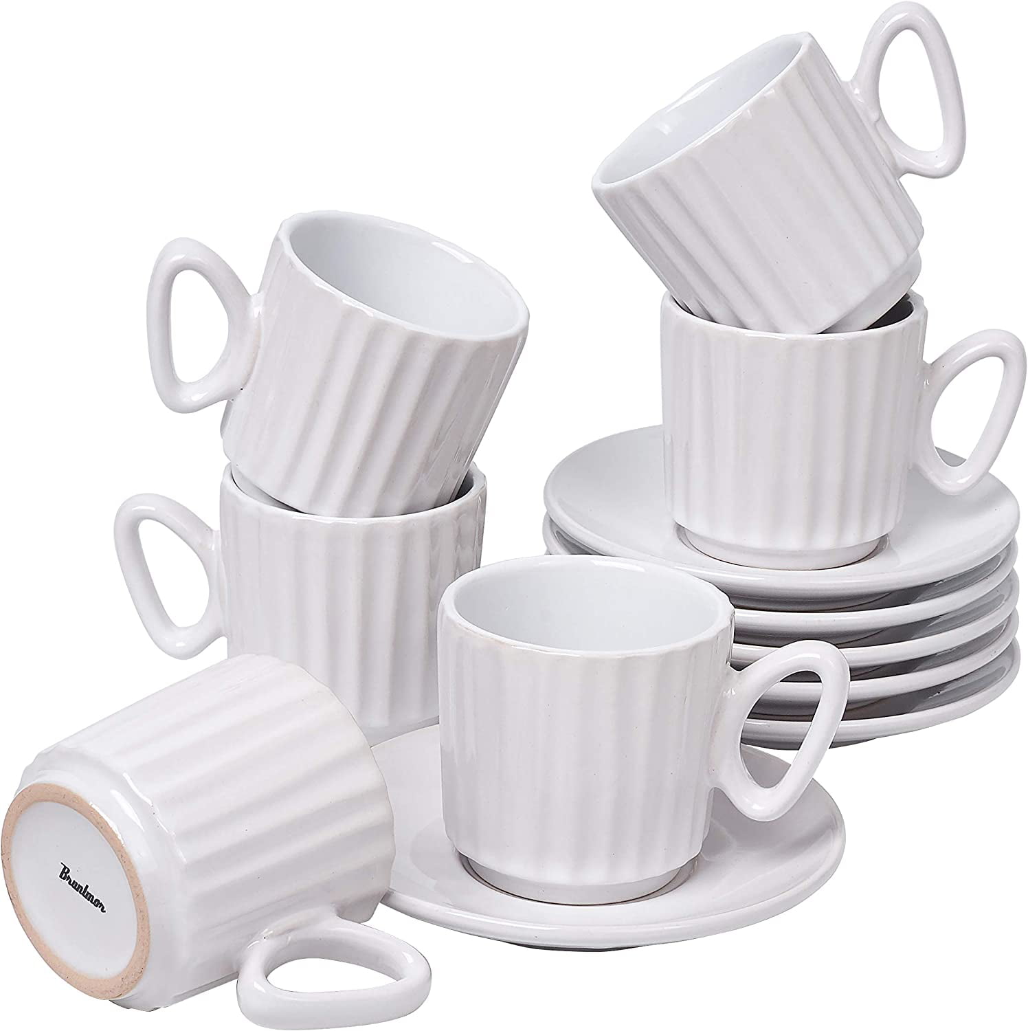 Super Stackable Dowan Espresso Cups with Saucers Perfect for Double Espresso or Cappuccinos Set of 6 4 Ounce Large Demitasse Cups Ideal Gift Dishwasher Safe Cute Golden Clock Design 