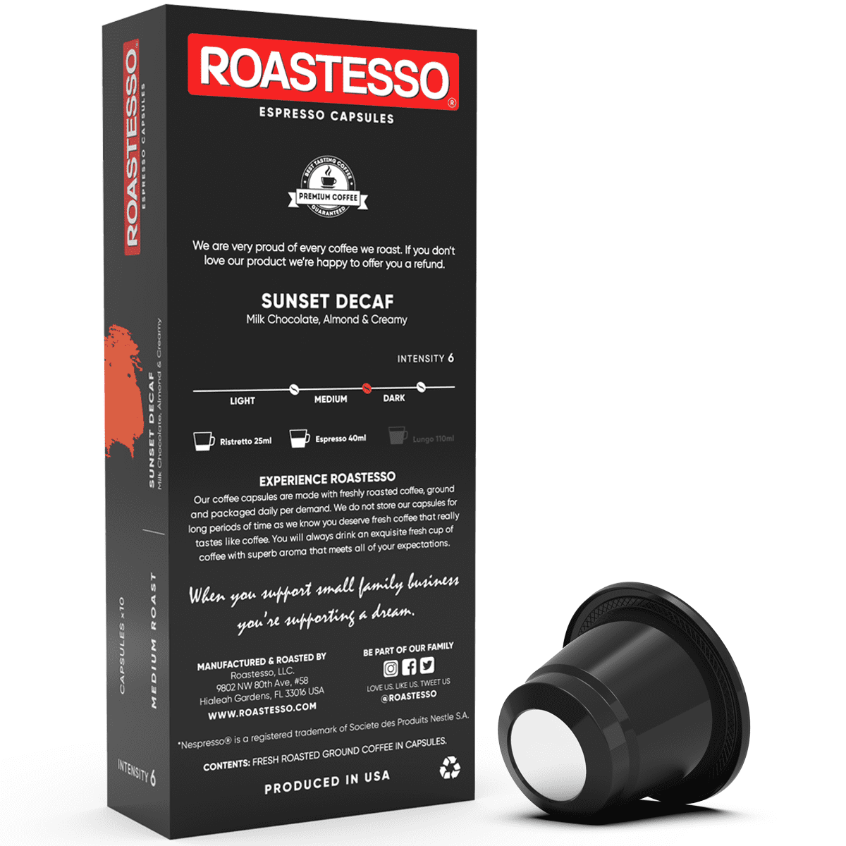 Roastesso Coffee Sunset Decaf Nespresso Pods Compatible OriginalLine Espresso Capsules, Intensity 6 (40 Count)