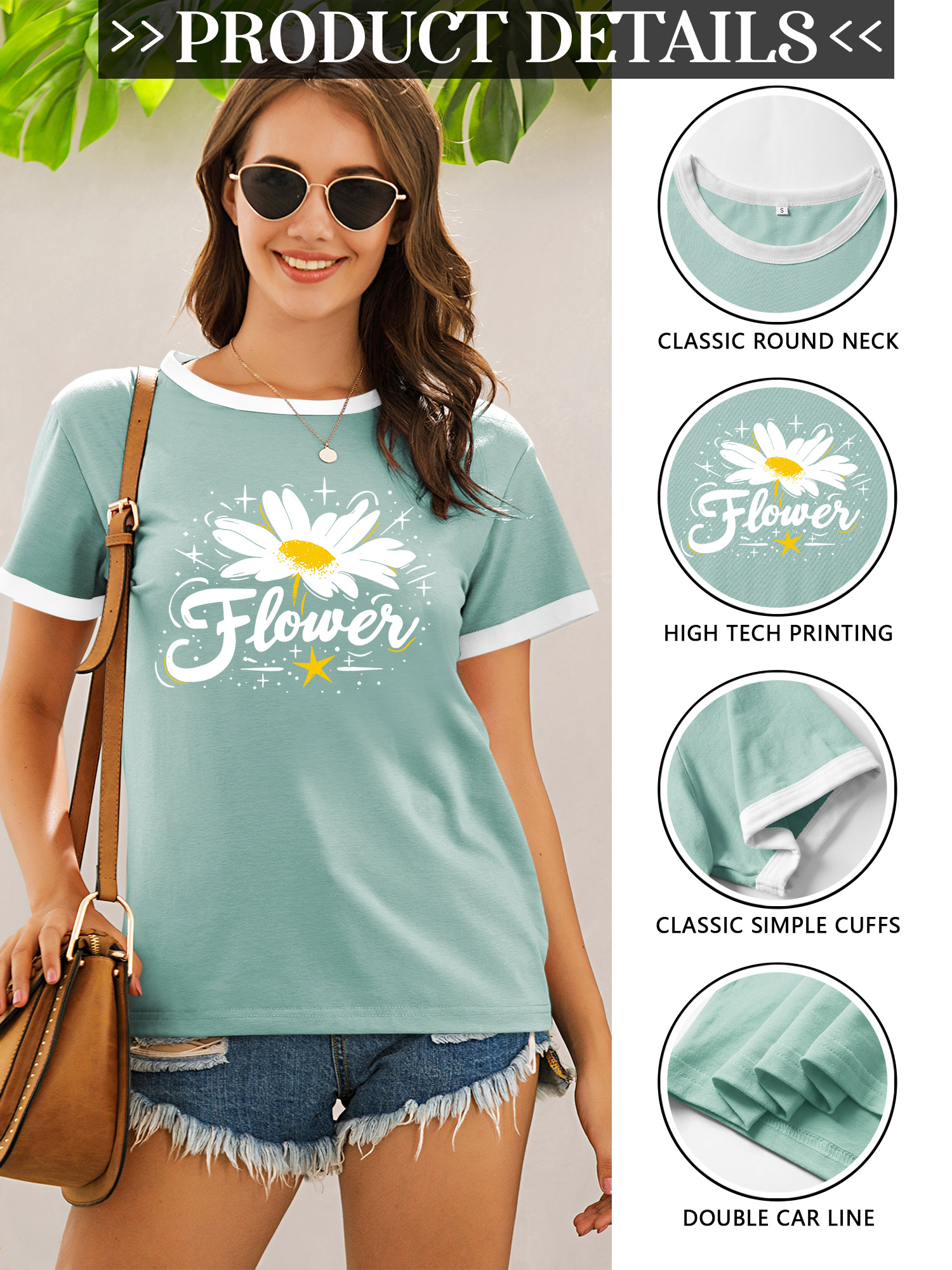 ZXSXSY Graphic Tees for Women Daisy Flower Print Crew Neck Short