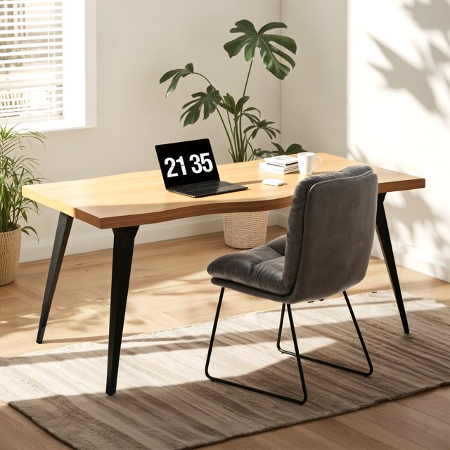 Natural wood live edge computer desk with black metal legs in sunlit home office setup featuring laptop displaying time 21:35, books, mouse, white cup and gray cushioned chair on beige rug.