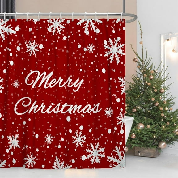 Snowflakes Shower Curtain for Bathroom Merry Christmas Decor Shower Curtain Set with Hooks 72x72inches Red White Snow Flowers X-mas Waterproof Fabric Shower Curtains