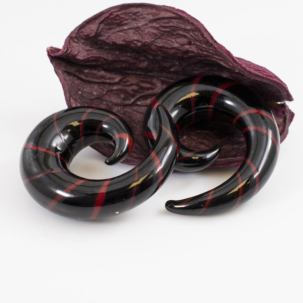 Pair of Black & Red Glass Tapers Stripe Spiral Design 