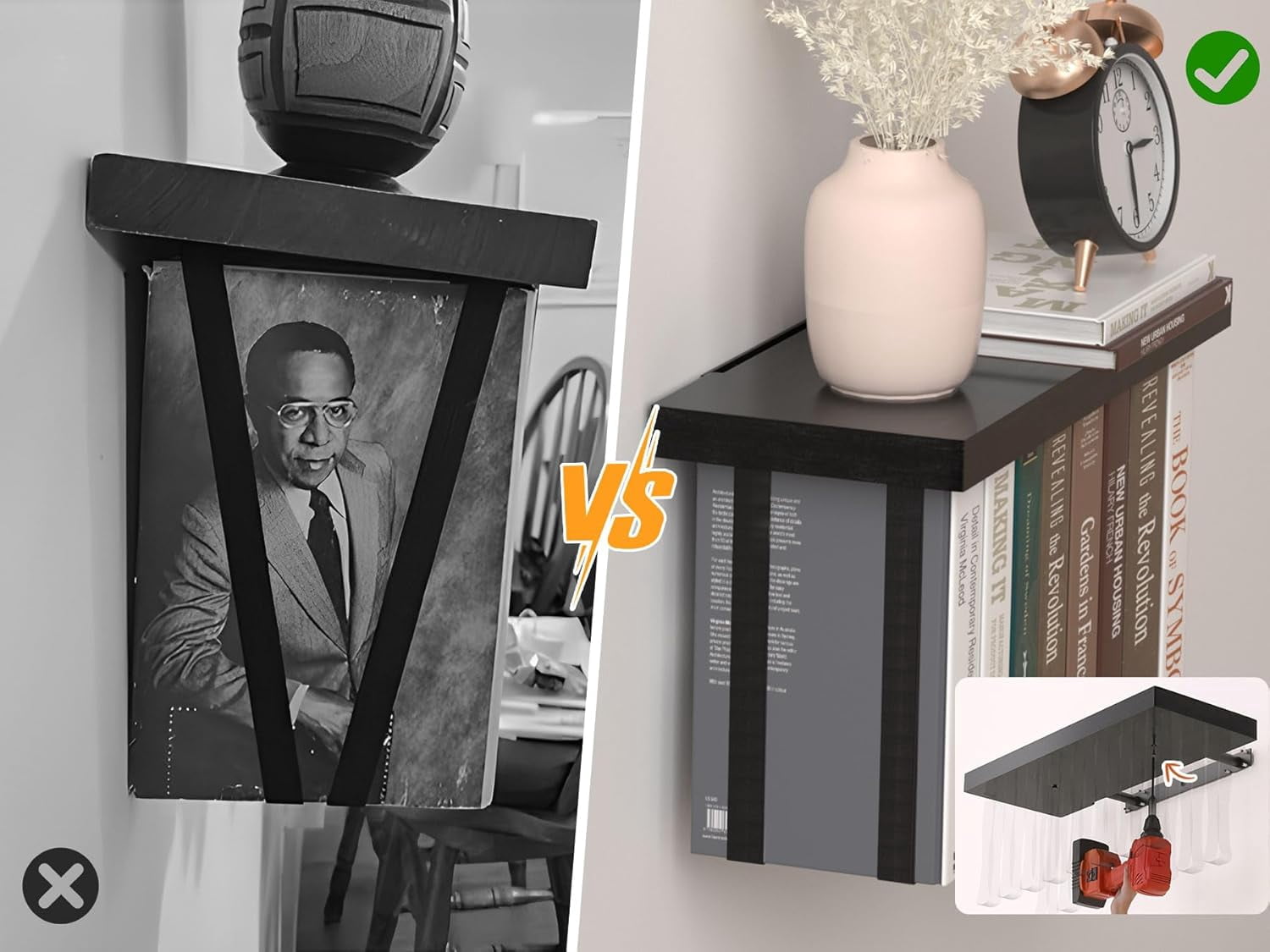 Floating Book Shelves for Wall Mounted Set of 2, Wood Hanging Bookshelf, Book Display Shelf for Wall, Unique Space Saving Book Shelf Wall Book Holder (Black)