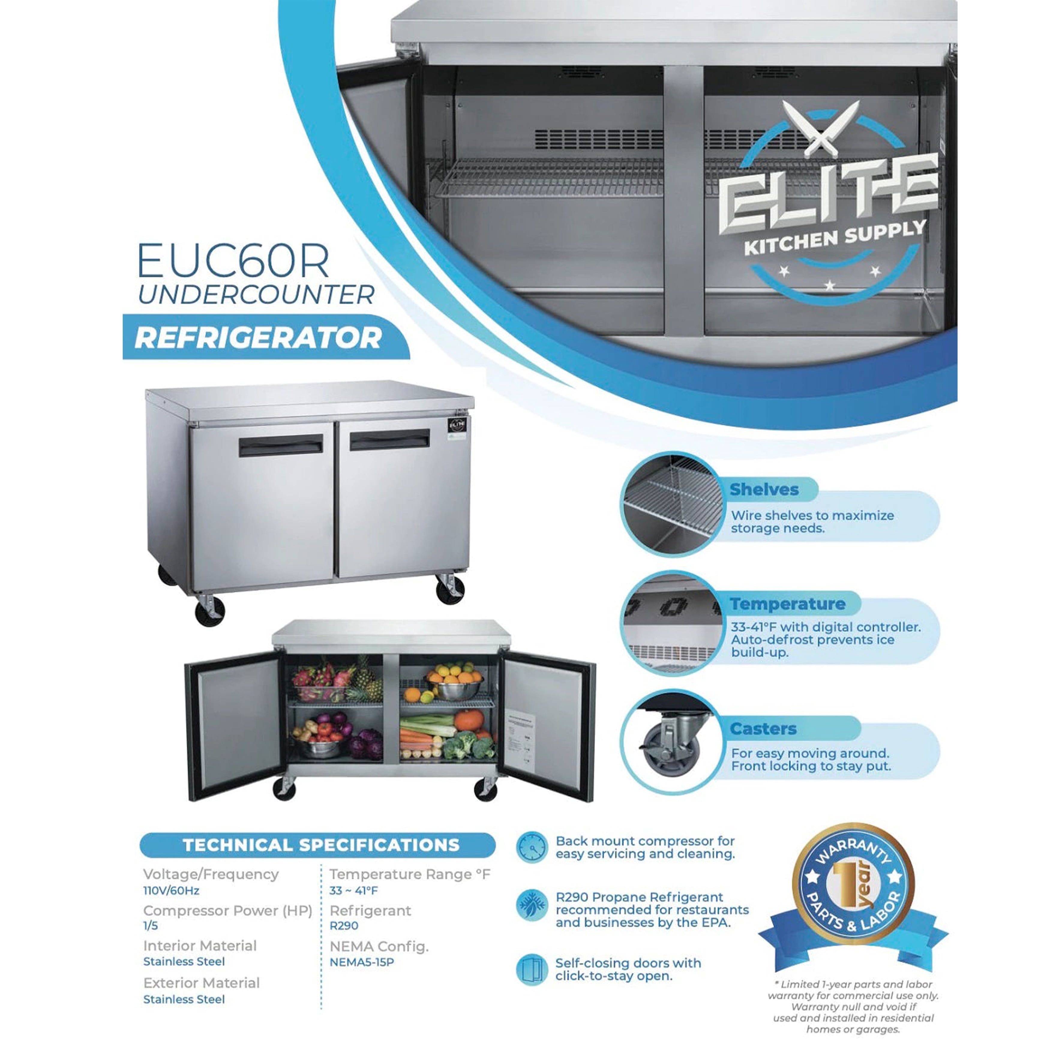 60 in. Two Door Commercial Upright Undercounter/Worktop Refrigerator 16 Cu. Ft.