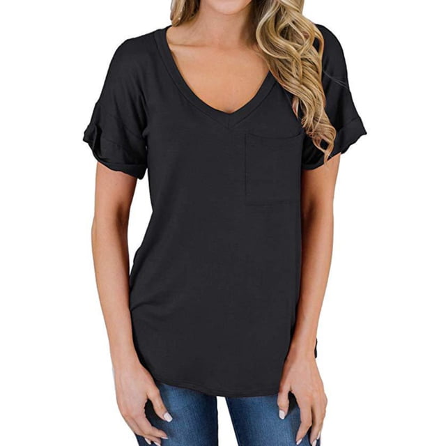 Sonducket Blusa de manga corta con cuello en V, camiseta suelta informal, camisetas de verano con bolsillo Prendas para la parte del cuerpo negro L