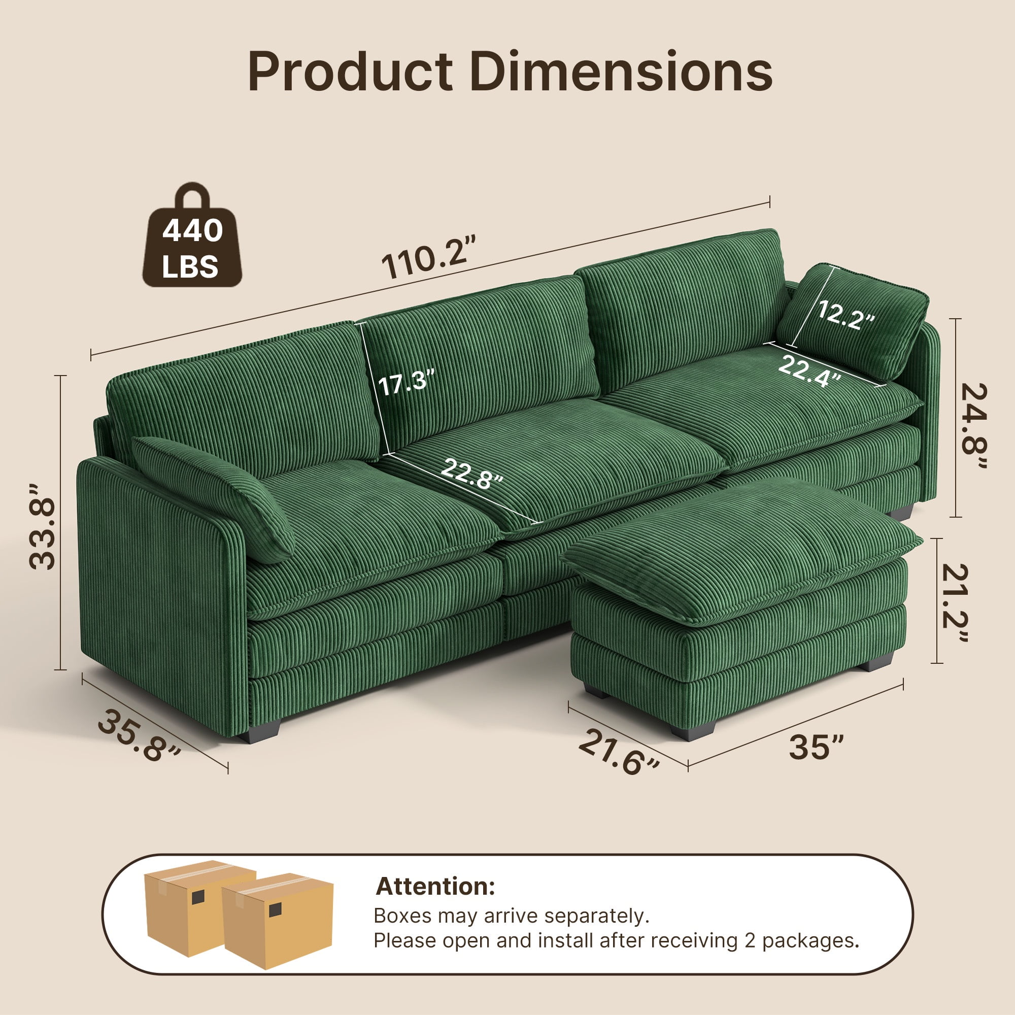 Sofa, Lofka 110“ Modular Couch Bed with Double Layer Cushions and Movable Ottoman, Modern Comfy Cloud Sofa for Living Room, DIY Combination, Green