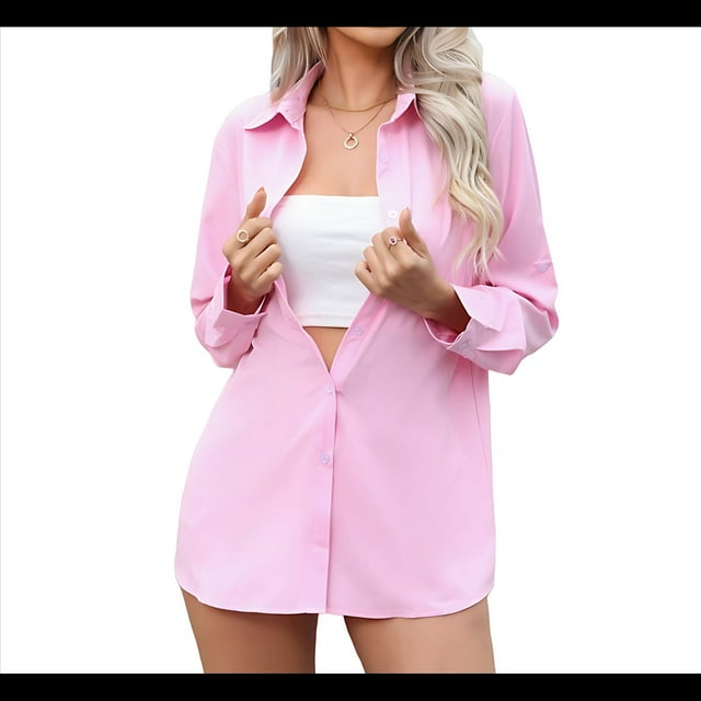Womens Stretch Button Down Long Sleeve Shirt Soft Basic Wrinkle Free Work Business Formal Casual Blouse Pink L