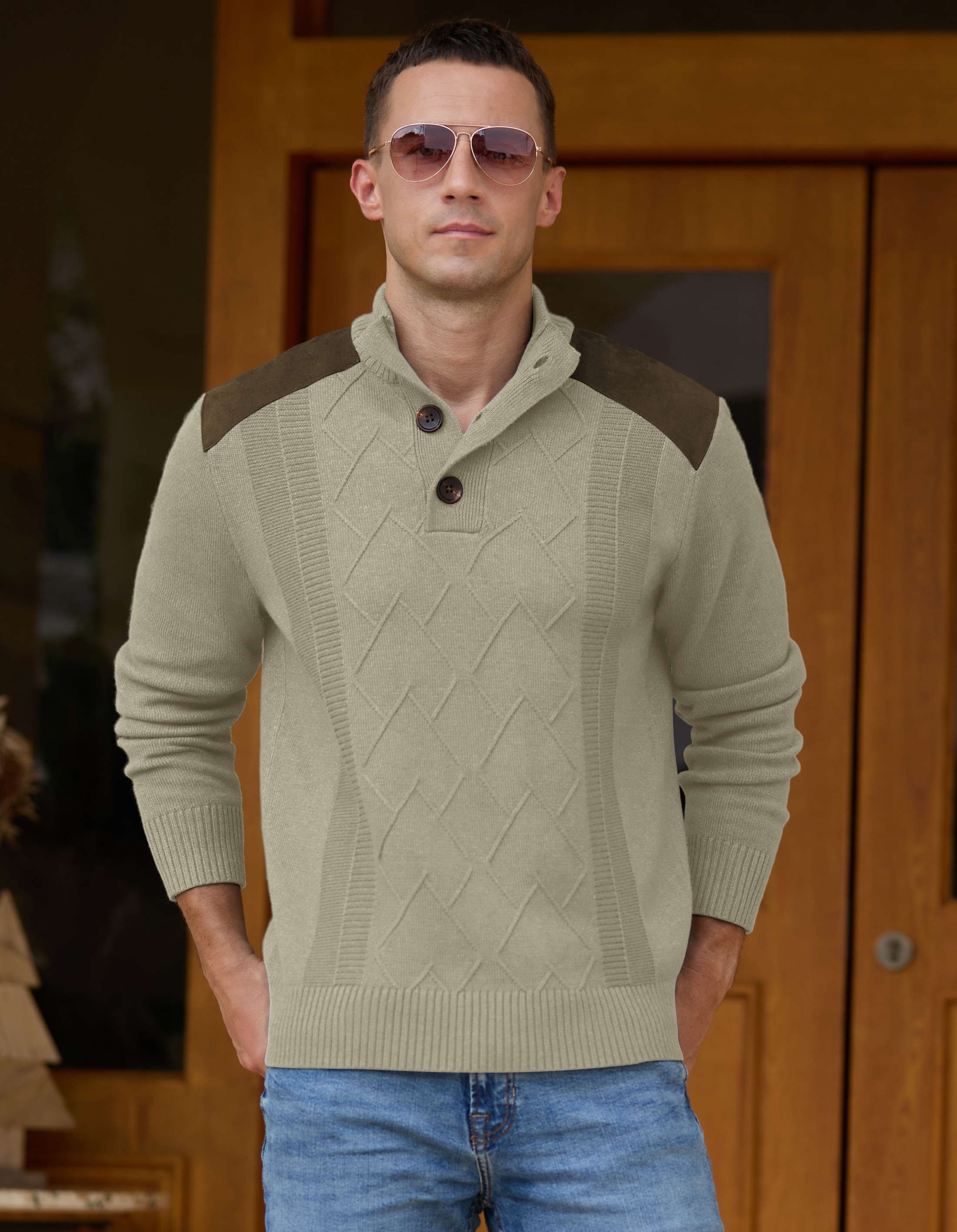Iceglad Men's Cable Knit Pullover Sweater Stand Collar photo 2