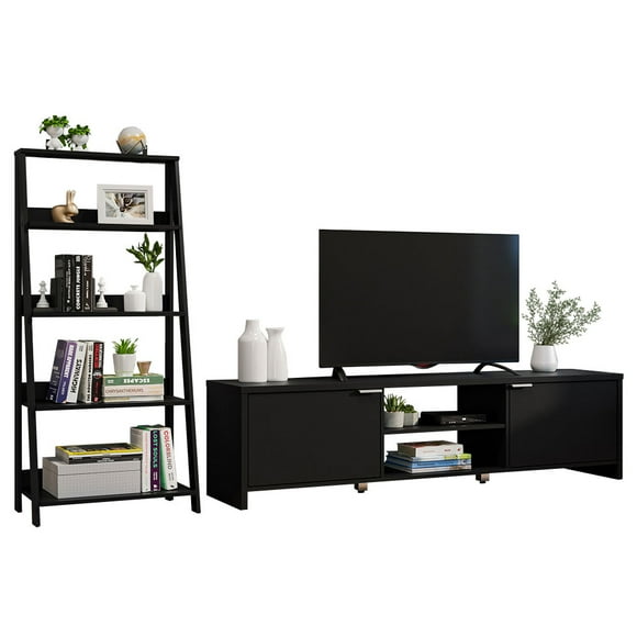 Madesa TV Stand with Storage 80" + Ladder Shelf Standing Bookcase - Black