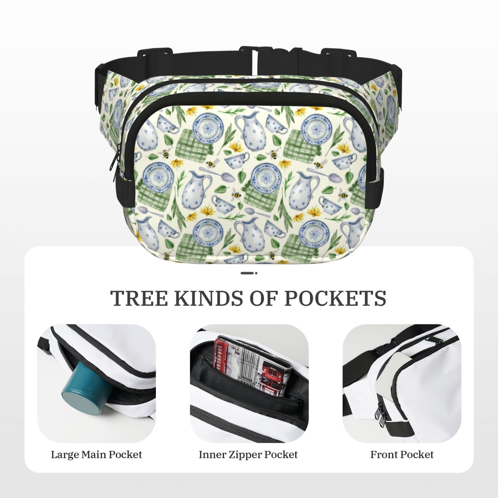 Picia Vintage Utensils Print Square Double-Layer Waist Bag Mini Adjustable Waist Belt Bag Exercise Running Travel Hiking