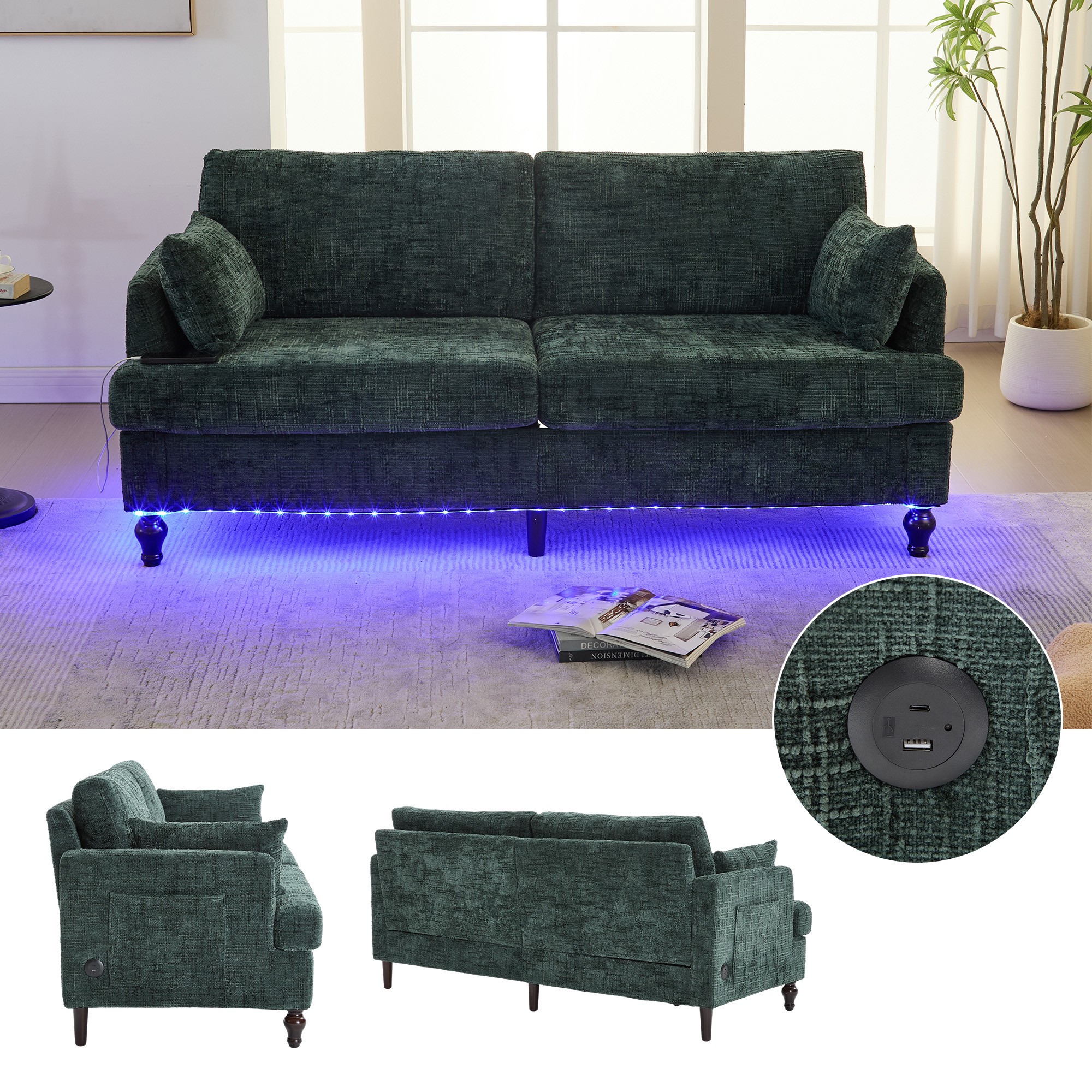 68.9" Sofa Couch,Modern 2 Seater Upholstered Loveseat Sofa Couch with LED light&USB for Living Room,Bedroom,Emerald