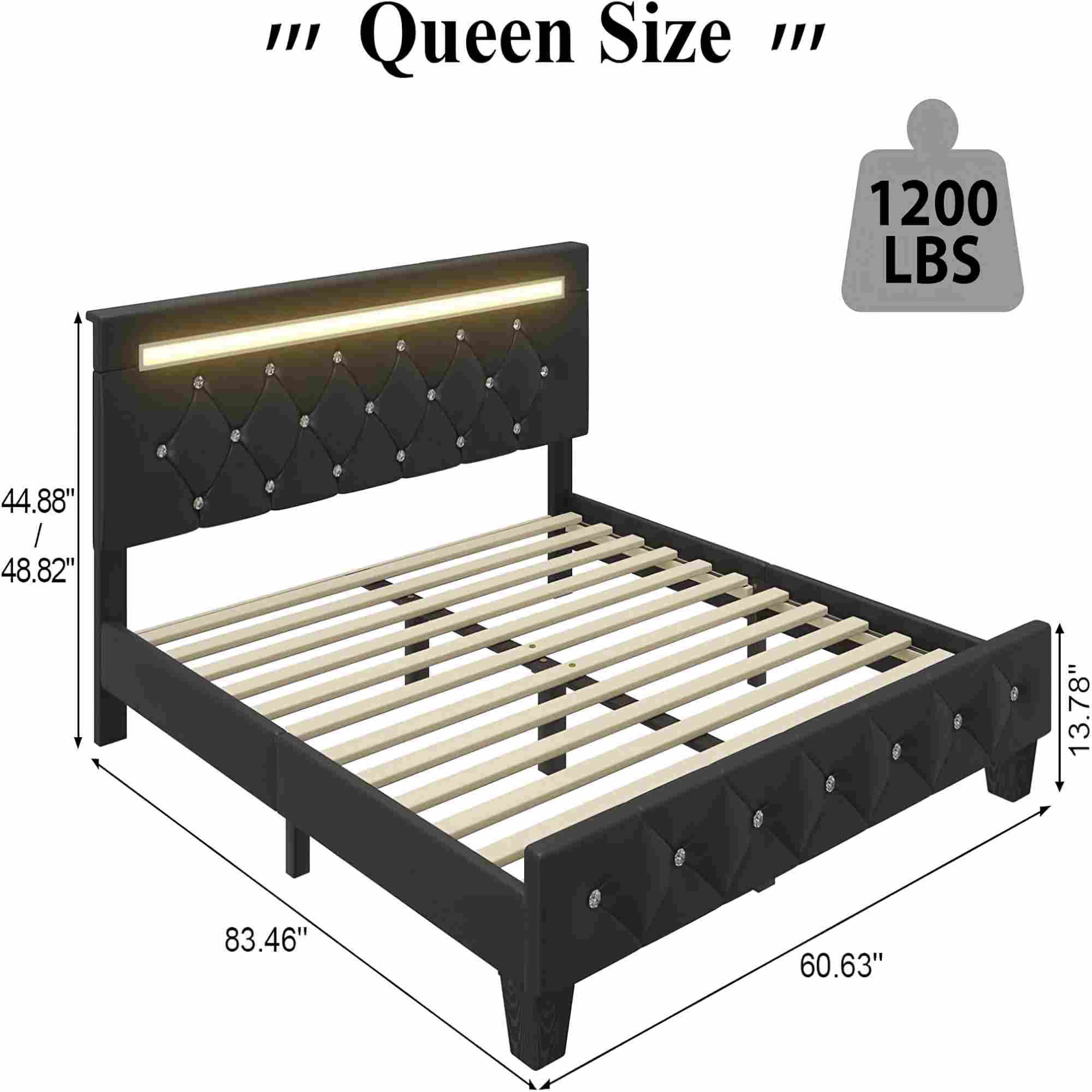 BSHTI Queen Size Faux Leather Upholstered Bed Frame with LED Lights, Adjustable Diamond Headboard, Charging Station for Bedroom(Black)