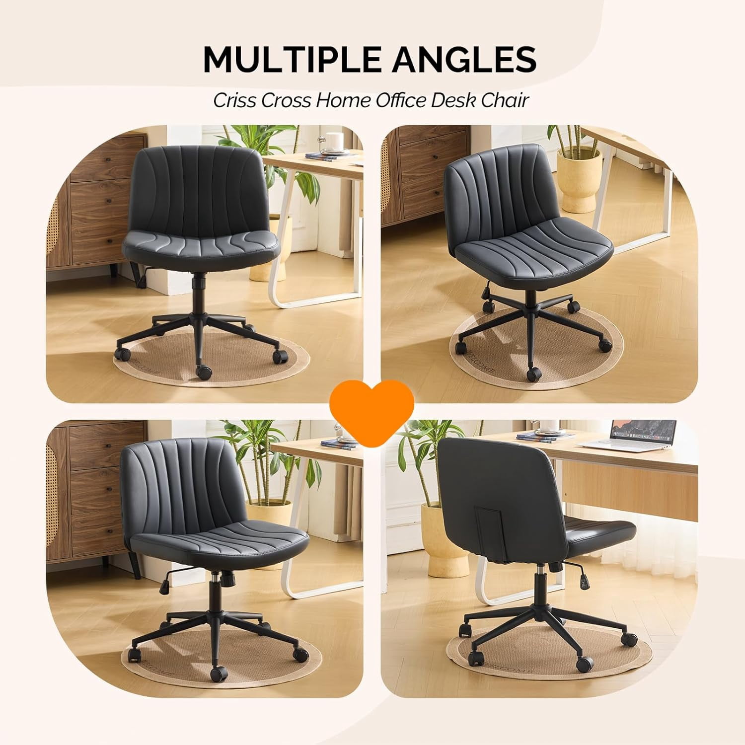 JOYMOR Modern Vanity Chair Dual-Use with/no Wheels, Armless Criss Cross Legged Chair, Swivel Wide Comfy Office Desk Chair, Computer Chair