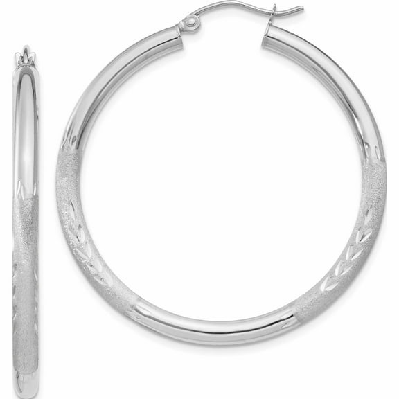 10K White Gold Satin & Diamond-Cut 3mm Round Hoop Earrings (35 X 40) Made In Peru 10tc281