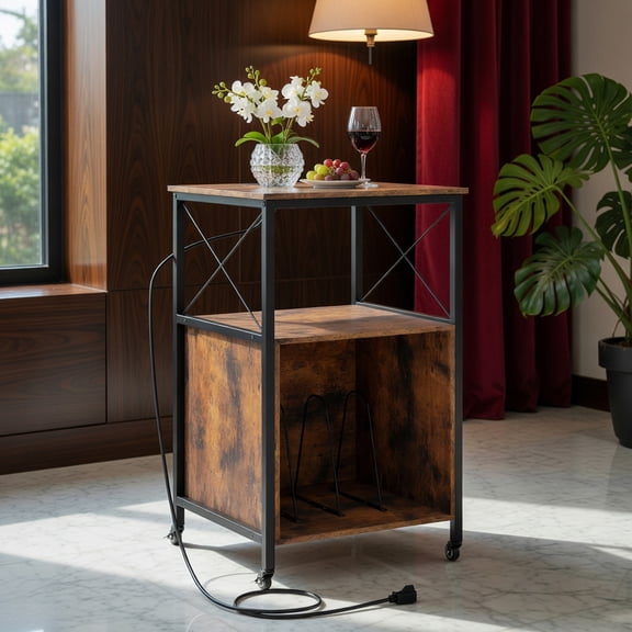 Topcobe Mobile Record Player Stand with Power Outlet, Open Shelf And Dividers, End Tables Living Room, Modern Furniture for Home-Rustic Brown