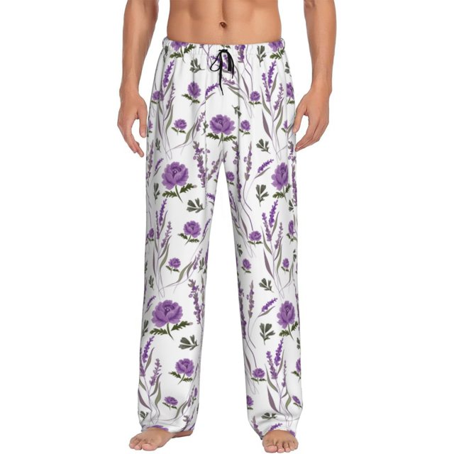 Kdxio Lavender Flowers Pattern Men's Pajama Pants, Elastic Waist with Drawstring and Pockets, Comfortable Loungewear-Small