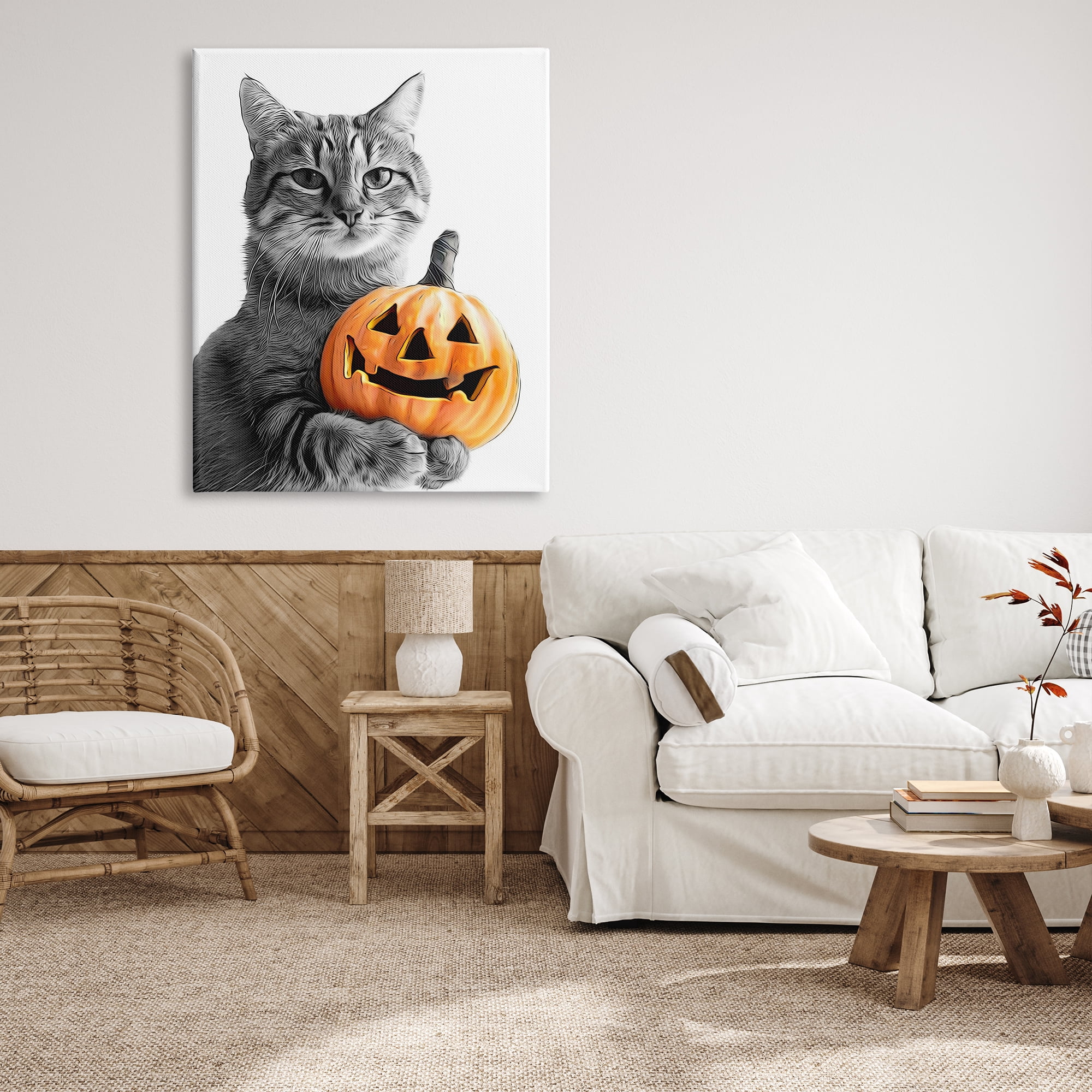 Stupell Industries Cat & Jack-o-Lantern Holiday Painting Gallery Wrapped Canvas Art Print Wall Art, 36 x 48