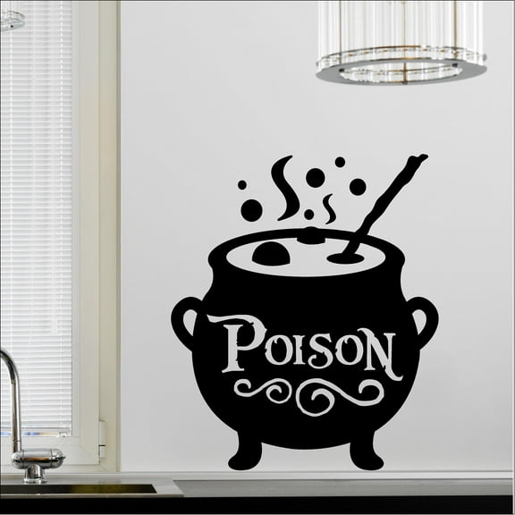 Poison Cauldron Halloween spooky witch Decals and Decor Vinyl Lettering Decal Stickers Self Adhesive - Size: 19”H x 16.5”L - Color: Black