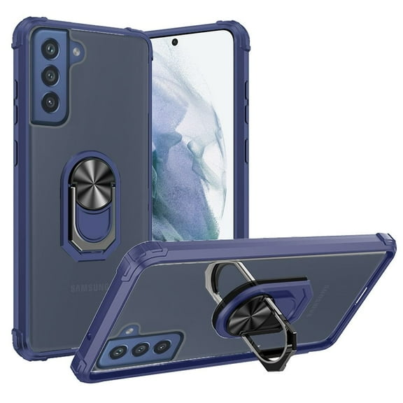 For Samsung Galaxy S21 FE Transparent Magnetic Ring Kickstand Case Cover - Clear/Blue