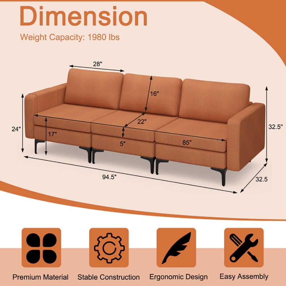 Finihen Sectional Sofa Couch, 3-Seat Sectional Sofa Couch with Armrest Magazine Pocket and Metal Leg, for Living Room, Bedroom, Orange