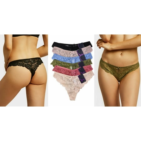 6 Pack of Women Sheer Sexy Floral Lace Mid Rise Thong Panties Underwear Several