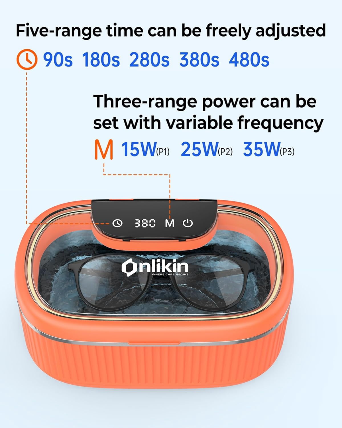 Ultrasonic Jewelry Cleaner 35W 45KHz – for Retainers, Eyeglasses & Dentures, 20oz 304SS Tank, 5 Timer Modes (Orange)
