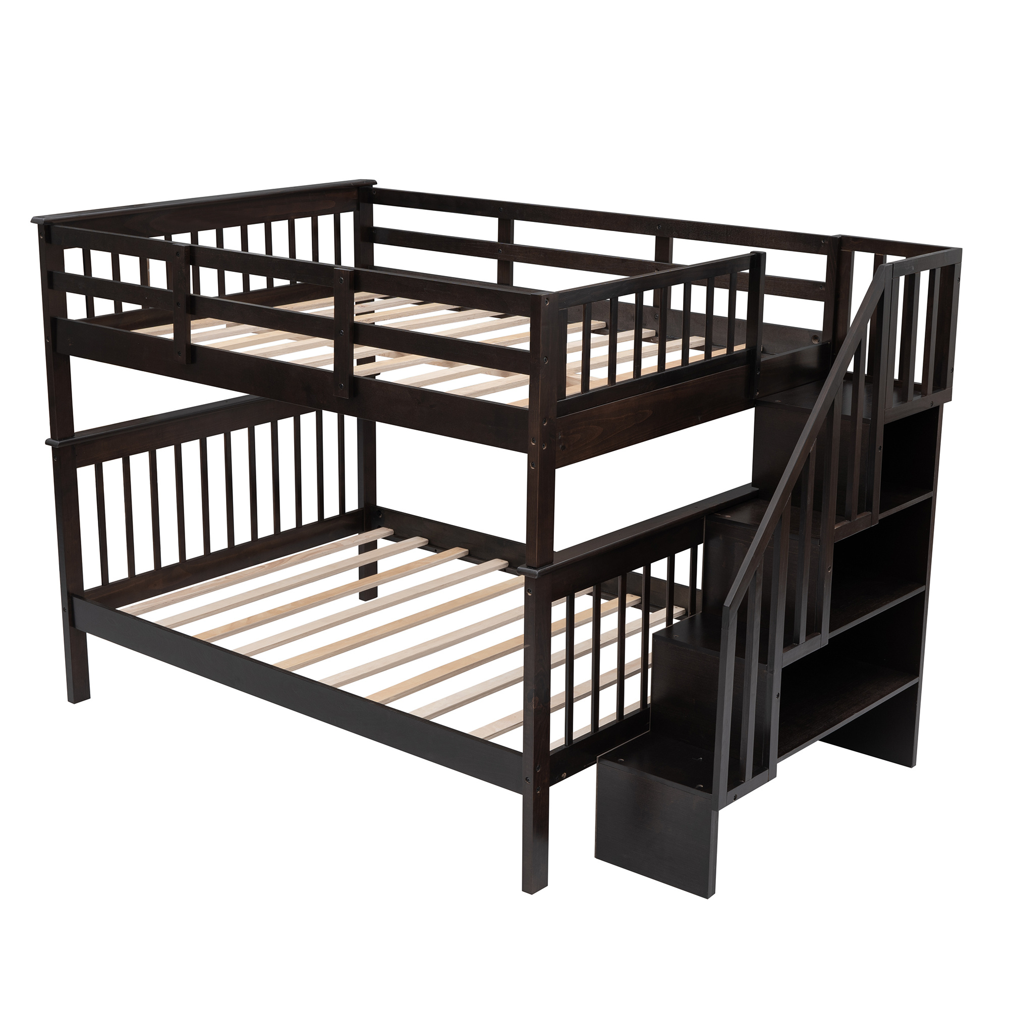 Full Over Full Bunk Bed with Stairs-Wood Bunk Bed with Storage and Guardrail for Kids' Bedroom-Can Be Separated into 2 Beds-Espresso