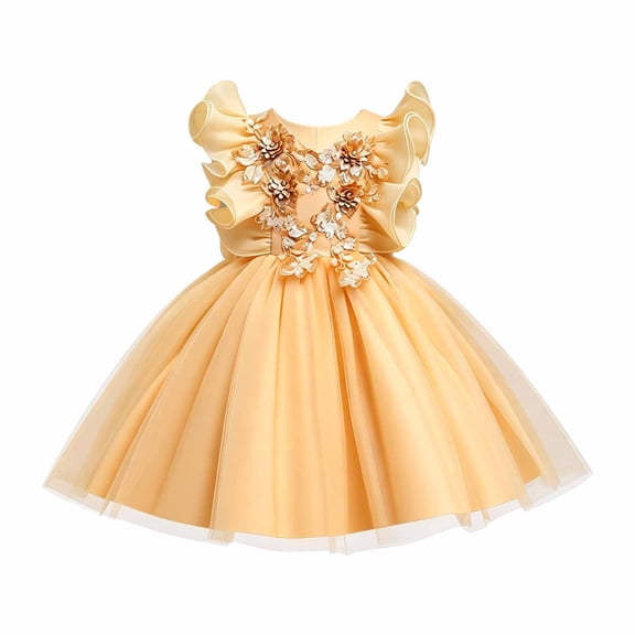 Bobifish Toddler Girls Dress Elegant Sleeveless V Neck Ruffle Sleeve Flower Decor Puff Tulle Tutu Dress Party Kids Girls Dresss