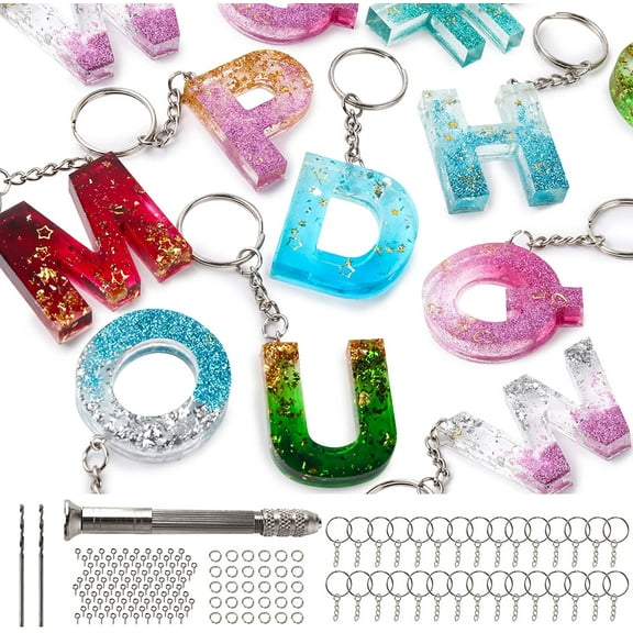 Resin Molds Mocoosy 134Pcs Silicone Alphabet Resin Molds Kit Letter Number Silicone Mold Epoxy Resin Casting Molds Keychain Making Set with 1 Hand Drill 2 Drill Bits 30 Key Rings 100 Screw Pins