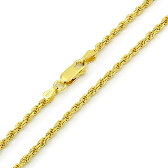 925 Italian Sterling Silver 2.5mm Solid Rope Diamond Cut Chain, FREE Microfiber Cloth, Yellow Gold Plated Link Mens Womens Necklace, Giorgio Bergamo