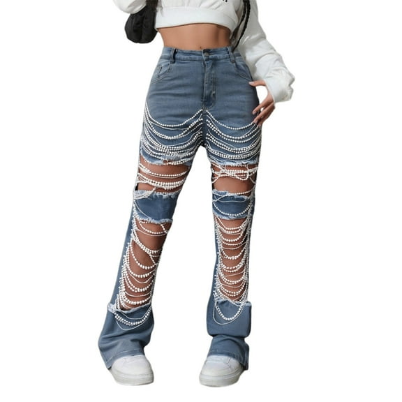 Luwomo Jeans for Womens High Waist Stretch with Pearl Embellishments Distressed Details Wide Leg Design Comfortable Long Trousers for Everyday Wear Denim Pants Blue,L