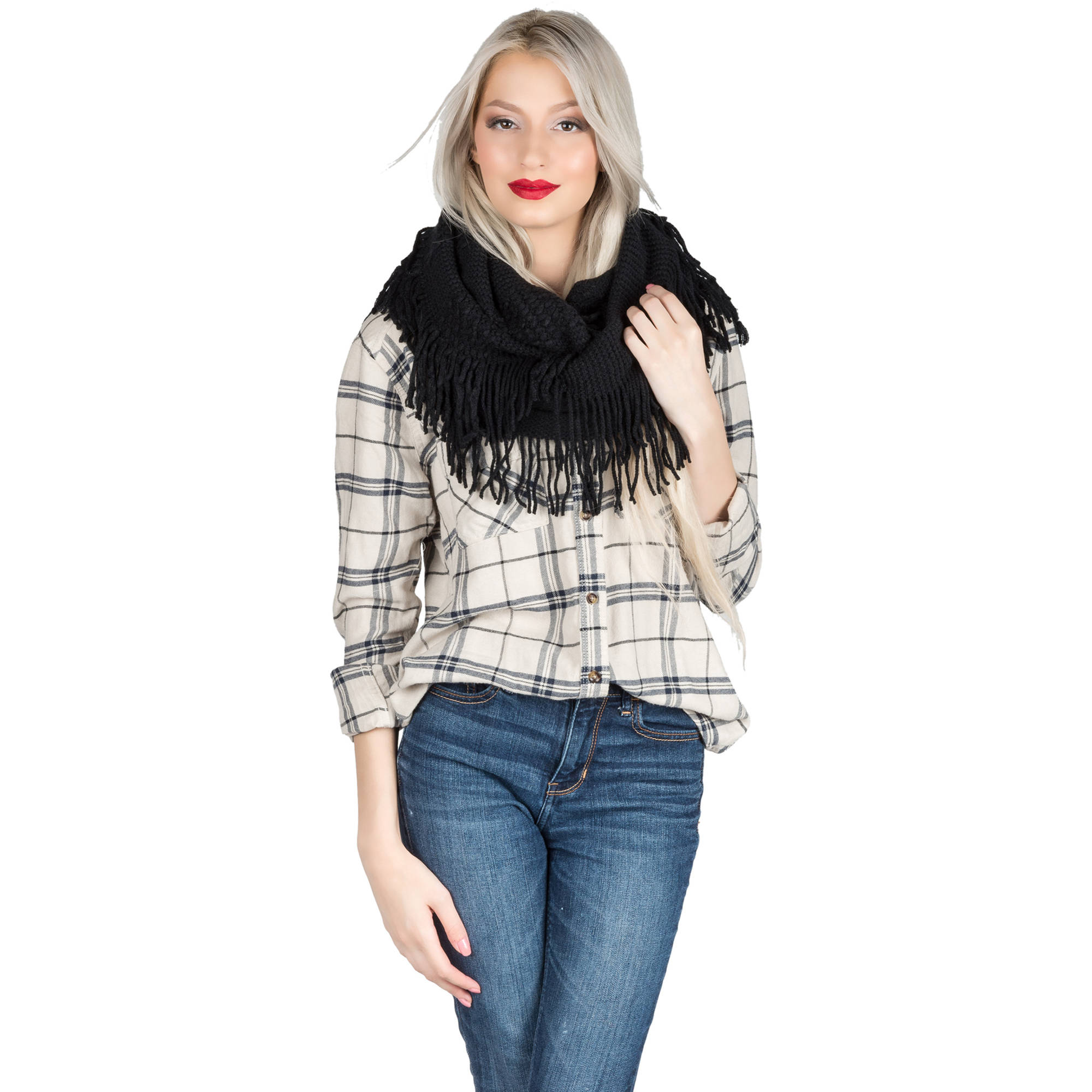 Women's Soft Woven Infinity Wrap Shawl Scarf with Frills [Adult Size]