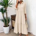 thumbnail image 7 of WTOBBY Women's Fashion Solid Color Notched Lapel 3/4 Sleeve Swing Dress, Casual Flowy Midi Dress with Wide Skirt for Spring Summer Elegance,Beige L, 7 of 7
