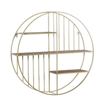 DecMode Gold Modern Iron Round Wall Shelf with Natural Brown Shelf Finish , 28"W x 28"H